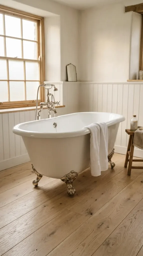 26 Light Wood Flooring for Farmhouse Wire-Brushed Oak Bath 2 2. Wire-Brushed Oak Floor With Freestanding Roll-Top Bath