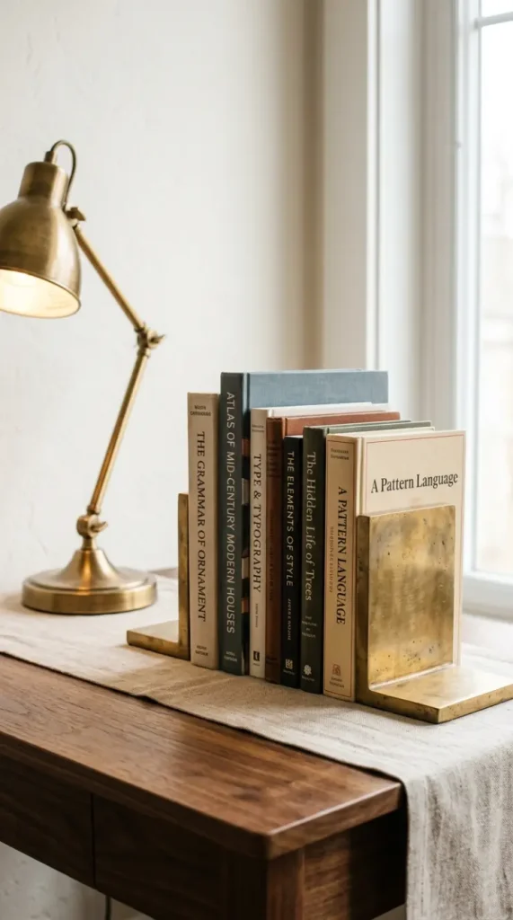 26 Cozy Home Office Warm Wood Linen Neutral Style Ideas 20 20. A Small Brass or Wood Bookend Pair to Frame a Working Library