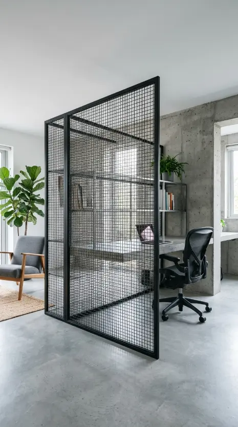 24 Home Office Inspiration Modern Minimal Concrete Steel 20 20. A Steel Mesh Privacy Screen Instead of a Solid Partition