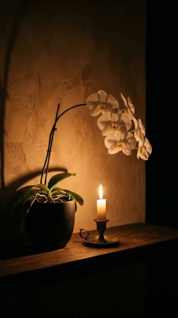 26 Bathroom Shelf Plants Decor Japandi Orchid Minimal 20 20. Bathroom Shelf Plants at Night — Orchid by Candlelight