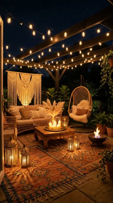 28 Outdoor Patio Ideas for a Boho Layered Living Room 20 20. Boho Outdoor Patio Lighting at Night — Full Atmosphere