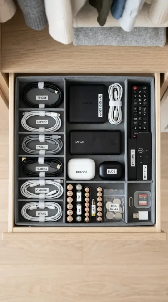 25 Small Storage Closet Organization Tiny Apartment Ideas 20 20. Cable and Technology Storage — The Hidden Tech Closet Drawer