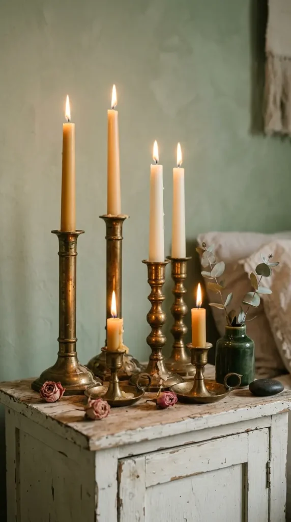 32 Cute Room Ideas for a Dreamy Cottagecore Bedroom 20 20. Cottagecore Candle Corner — Brass Candlesticks and Beeswax