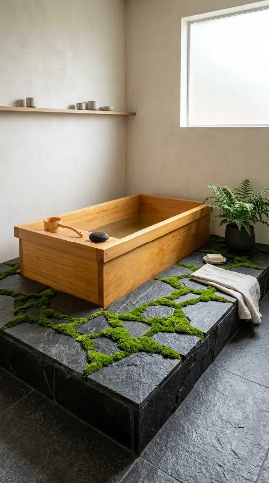 30 Bathroom Plants Decor Japandi Minimal Hinoki Tub Style 20 20. Dark Stone Tub Surround with Planted Moss Gaps
