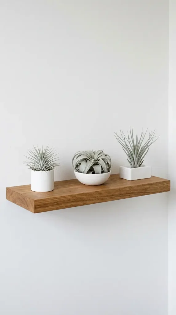 28 Minimal Bathroom Plants Decor Inspiration Oak White Style 20 20. Deep Oak Shelf — Air Plant Display in White Ceramic Vessels