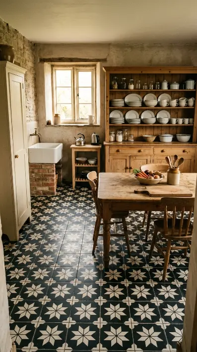 26 Kitchen Flooring Ideas for Farmhouse Black White Encaustic 20 20. Encaustic Floor With Freestanding Furniture and No Built-In Cabinetry