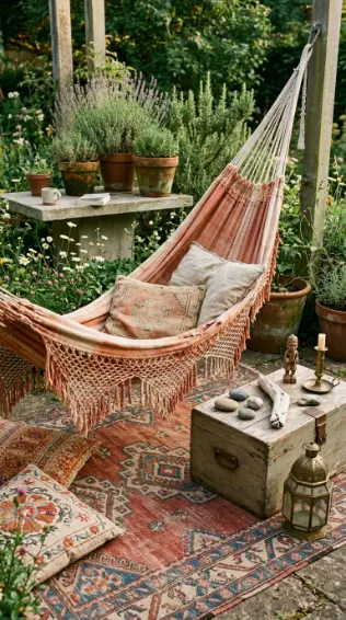 22 Outdoor Furniture Layout Ideas Boho Garden Hammock 20 20. Hammock Garden with Vintage and Collected Objects
