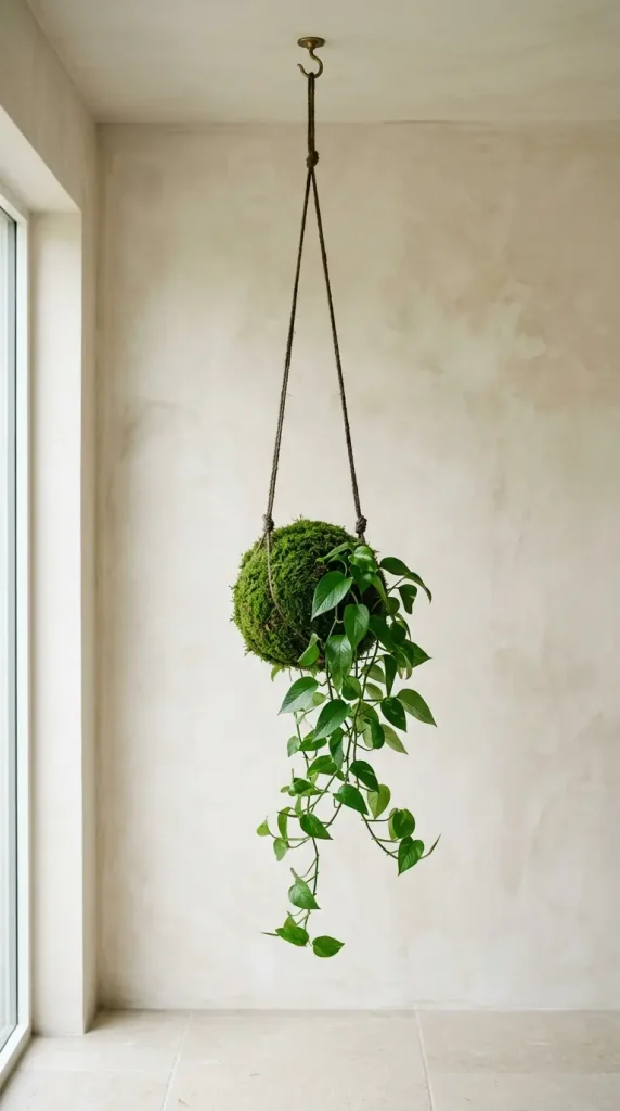 24 Modern Bathroom Plant Aesthetic Japandi Bonsai Minimal 20 20. Hanging Kokedama as a Japandi Bathroom Botanical