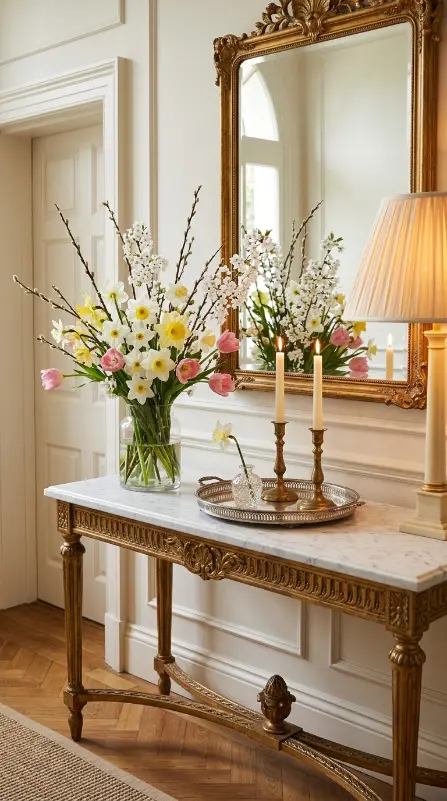 26 Entryway Console Table Ideas Traditional Marble Top 20 20. Marble Top Console With Spring Botanical Arrangement