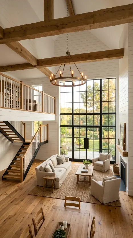 30 Modern Farmhouse Interior Design Seamless Floor Open Plan 20 20. Modern Farmhouse — Double-Height Open Plan with Mezzanine