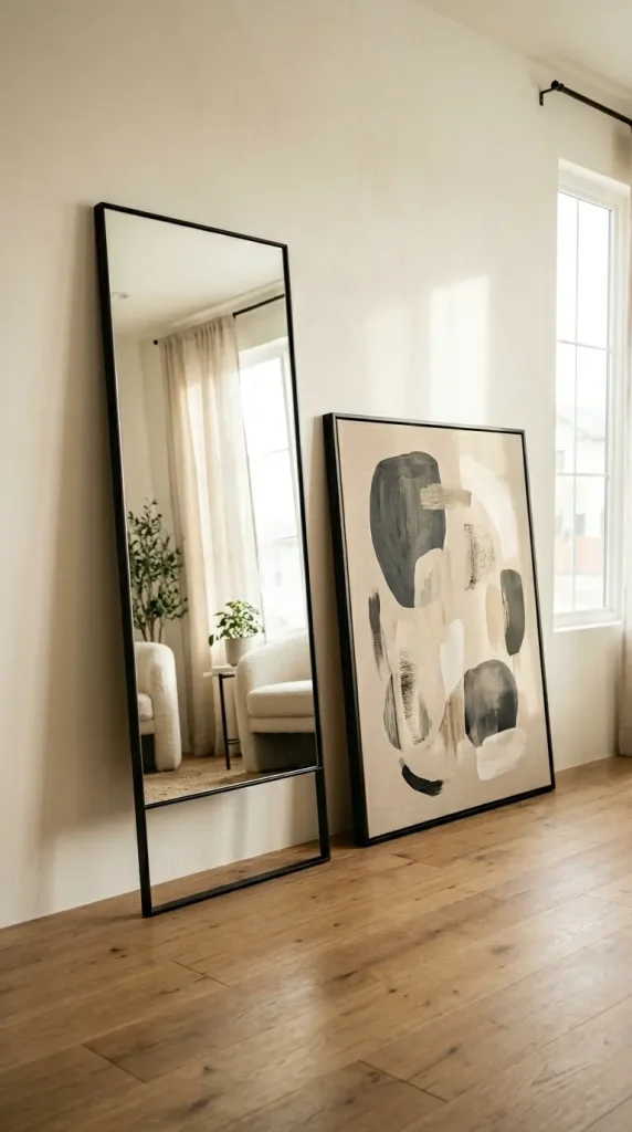 25 Full Length Mirror Living Room Slim Black Frame Minimal 20 20. Paired With a Minimal Abstract Canvas for a Clean Art Moment