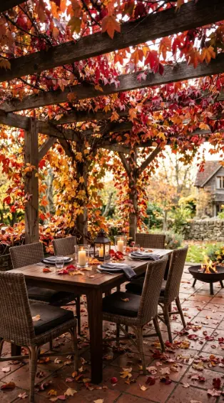 26 Outdoor Patio Ideas With a Cozy Pergola Dining Setup 20 20. Pergola Dining Patio in Autumn — Falling Leaves and Warm Light