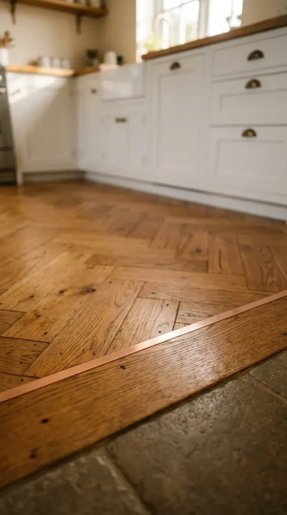 25 Kitchen Flooring Ideas for Farmhouse Herringbone Reclaimed 20 20. Reclaimed Herringbone with Copper Inlay Detail