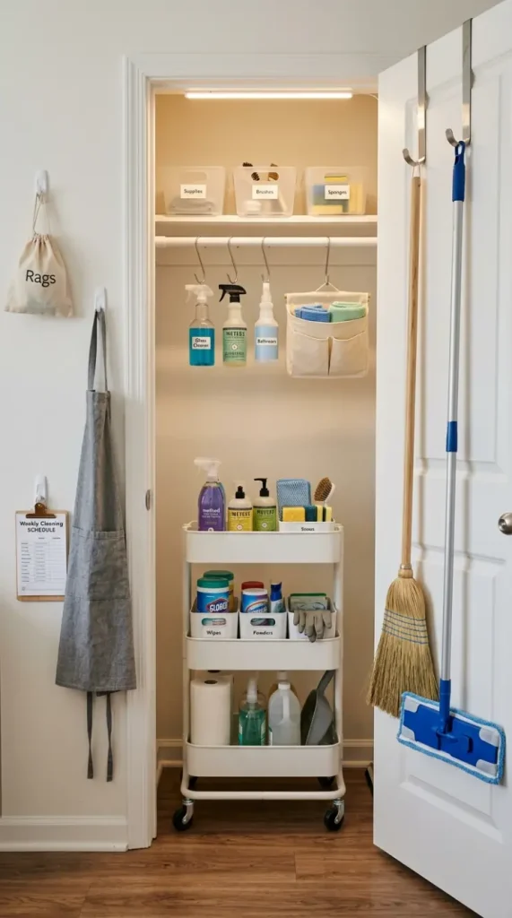 27 Cleaning Closet Organization Tiered Rolling Cart Ideas 20 20. Rolling Cart in a Rental Apartment — Damage-Free Cleaning Closet