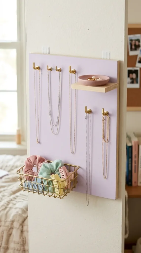 24 College Bedroom Ideas Pastel Girly Aesthetic Dreamy Style 20 20. The Pastel Jewelry and Hair Accessory Organizer Wall — Functional Display Art