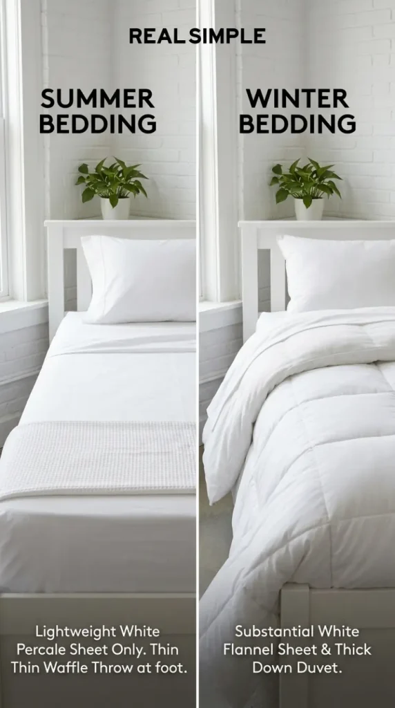 24 Dorm Bedding Ideas Clean White Minimal Luxe Hotel Style 20 20. The Seasonal Weight Swap Maintaining Neutral Palette — Year-Round Consistency