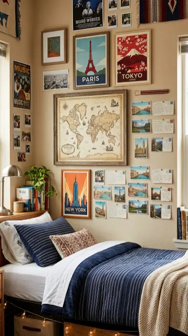 26 Dorm Bed Inspo Maximalist Gallery Wall Twin XL Style 20 20. The Vintage Map and Travel Poster Wanderlust Section — Geographic Theme Pocket