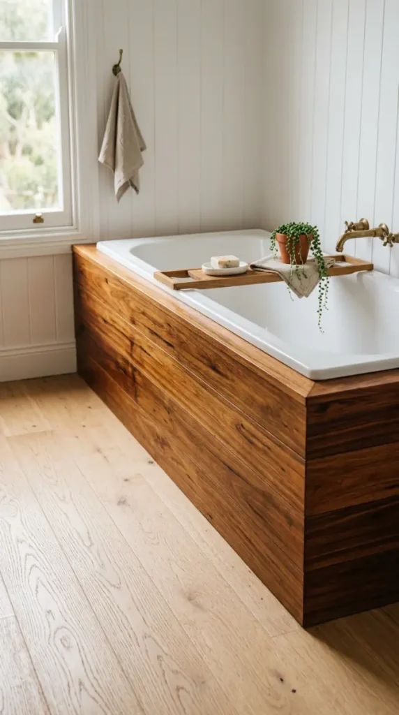 26 Light Wood Flooring for Farmhouse Wire-Brushed Oak Bath 20 20. Wire-Brushed Oak Floor With a Cedar or Teak Bath Surround