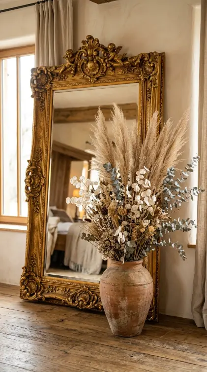 22 Full Length Mirror Living Room Baroque Gold Dramatic 20 20. With a Large Dried Botanical Arrangement at Its Base