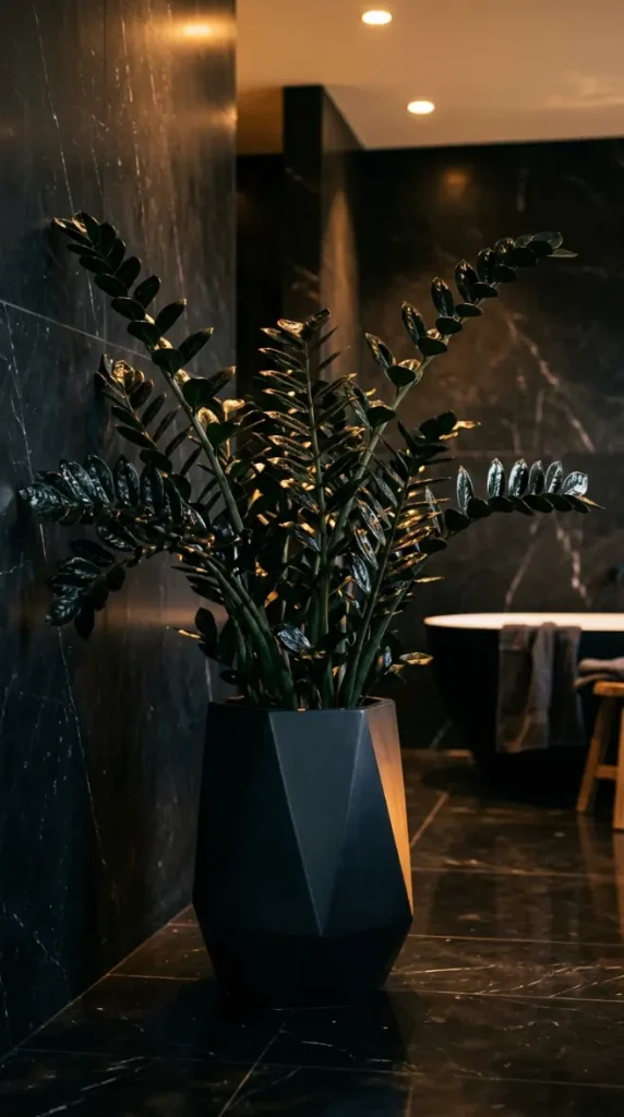 23 Bathroom Plants Decor Luxury Spa Black Marble Style 20 20. ZZ Plant in a Matte Black Geometric Vessel on the Floor