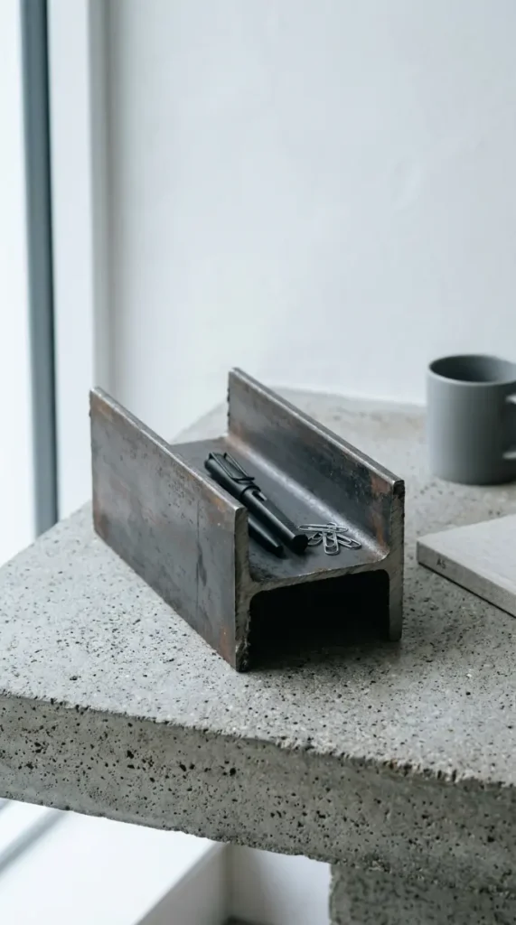 24 Home Office Inspiration Modern Minimal Concrete Steel 21 21. A Single Steel I-Beam Section Repurposed as a Desk Accessory Tray