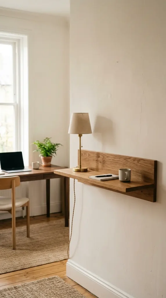 26 Cozy Home Office Warm Wood Linen Neutral Style Ideas 21 21. A Wall-Mounted Wood Shelf for a Standing Work Break
