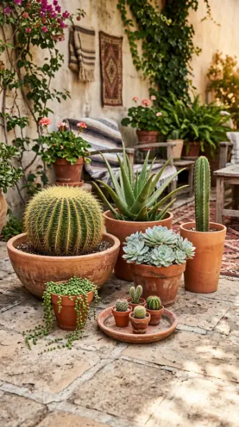 28 Outdoor Patio Ideas for a Boho Layered Living Room 21 21. Cactus and Succulent Collection in Grouped Terracotta