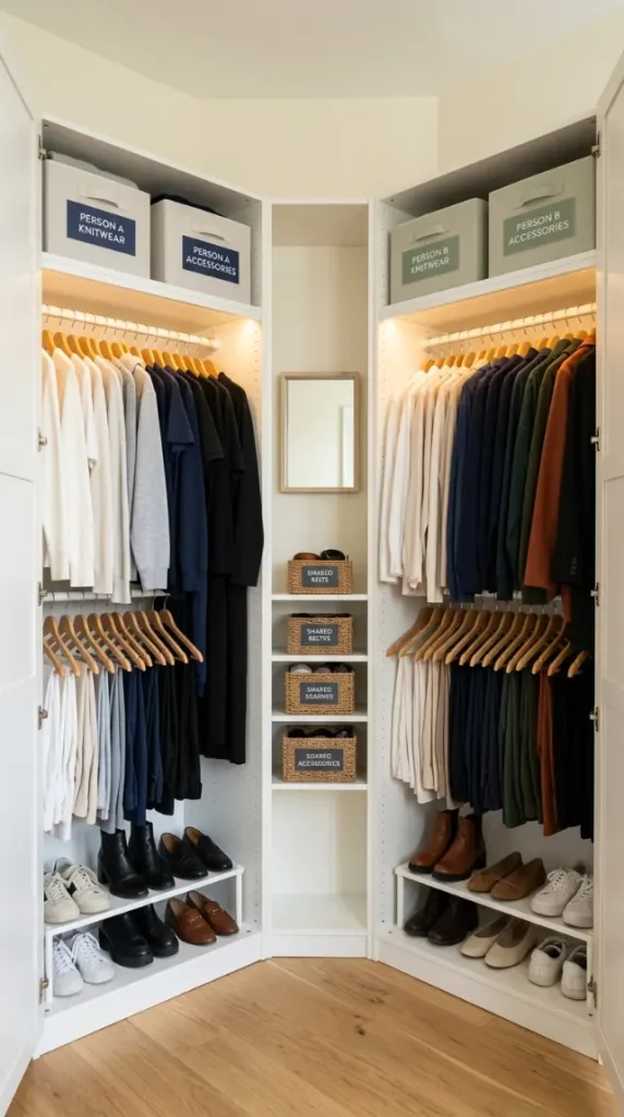 26 Smart Storage Closet Ideas Corner Diagonal Closet 21 21. Corner Diagonal Closet — The Two-Person Wardrobe Sharing System