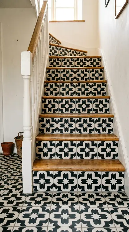 26 Kitchen Flooring Ideas for Farmhouse Black White Encaustic 21 21. Encaustic Tile Stair Risers Continuing From Kitchen Floor