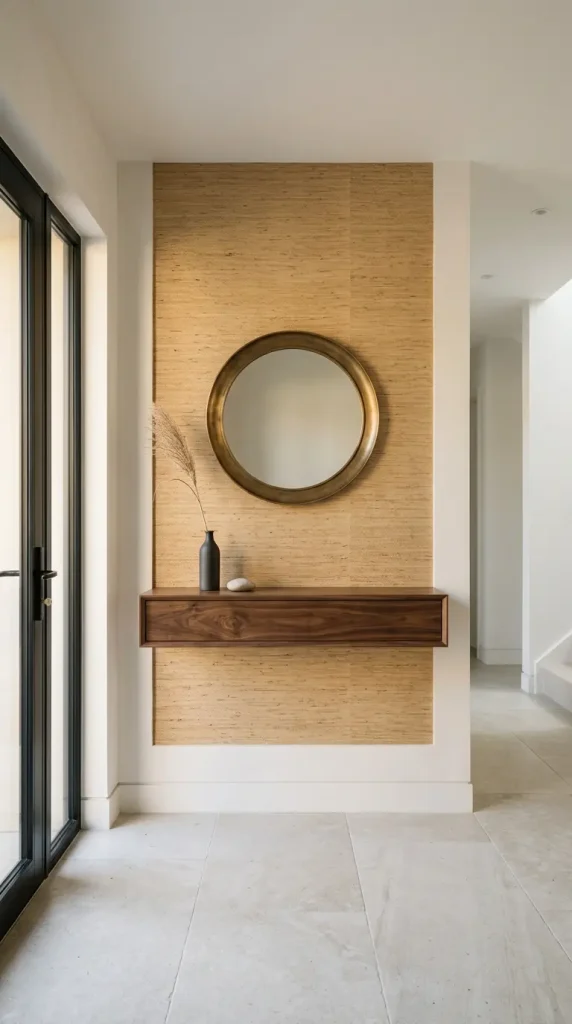 31 Entryway Console Table Ideas Modern Minimal Floating 21 21. Floating Console With Wallpaper or Textured Wall Panel Behind