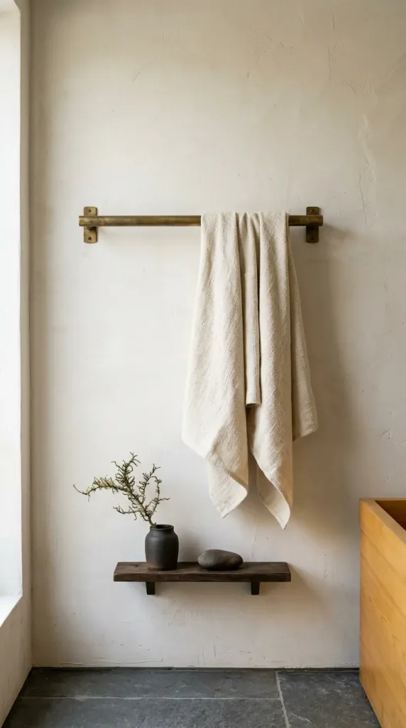 30 Bathroom Plants Decor Japandi Minimal Hinoki Tub Style 21 21. Japandi Bathroom — Natural Linen Towel and Plant Composition