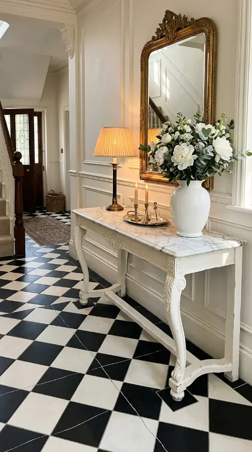 26 Entryway Console Table Ideas Traditional Marble Top 21 21. Marble Top Console in a Black and White Tiled Entryway