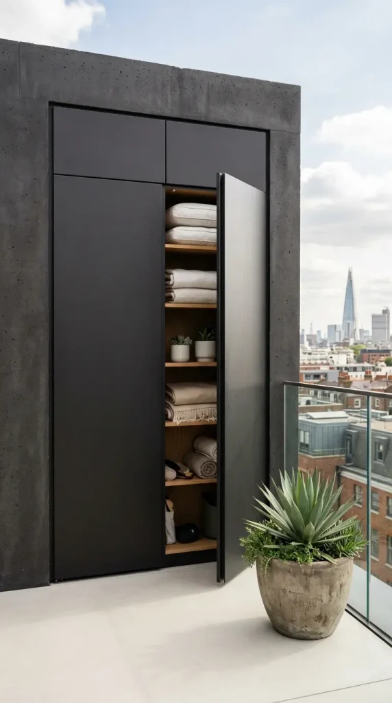 26 Minimal Outdoor Living Space Design for a Rooftop Terrace 21 21. Minimal Rooftop Storage Unit — Flush with Terrace Wall