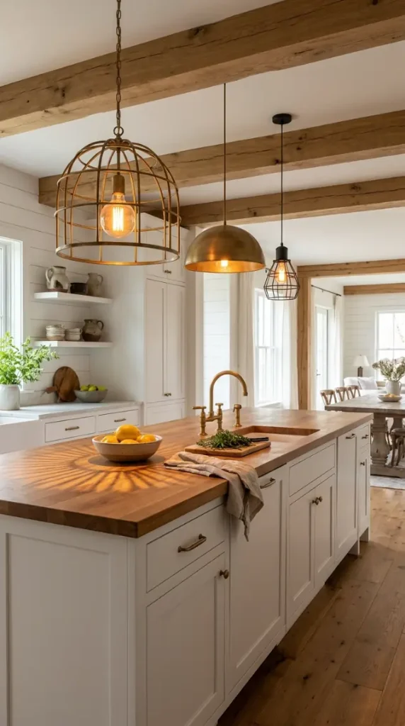 30 Modern Farmhouse Interior Design Seamless Floor Open Plan 21 21. Modern Farmhouse Open Plan — Pendant Light Cluster Above Island
