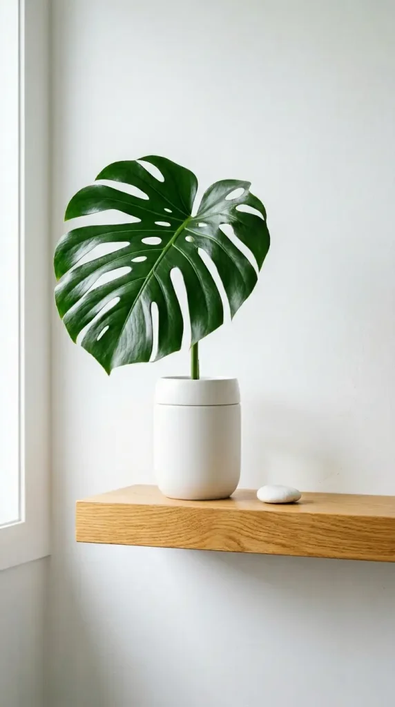 28 Minimal Bathroom Plants Decor Inspiration Oak White Style 21 21. Oak White Bathroom — Monstera Leaf in Water Propagation