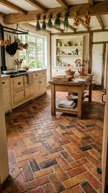 25 Kitchen Flooring Ideas for Farmhouse Herringbone Reclaimed 21 21. Reclaimed Brick Herringbone — Red and Brown Farmhouse Warmth