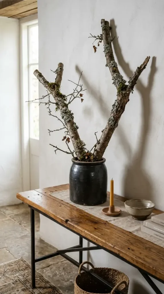 26 Console Table Styling Reclaimed Wood Rustic Farmhouse 21 21. Reclaimed Wood Console With a Foraged Branch Arrangement