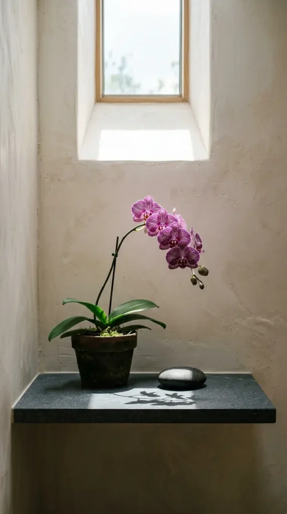 26 Bathroom Shelf Plants Decor Japandi Orchid Minimal 21 21. Shelf Below a High Window — Orchid in Silhouette Light