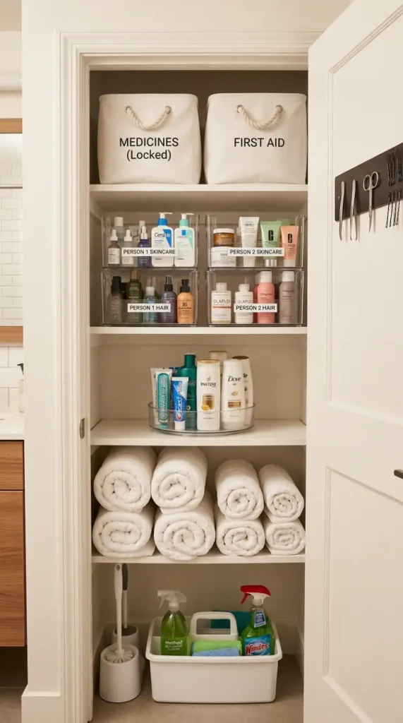 25 Small Storage Closet Organization Tiny Apartment Ideas 21 21. The Bathroom Storage Closet — Tiny Apartment Linen and Toiletries