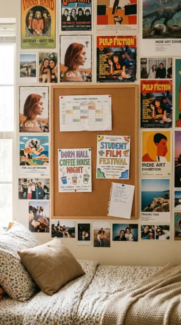 26 Dorm Bed Inspo Maximalist Gallery Wall Twin XL Style 21 21. The Bulletin Board Integration Within the Poster Wall — Functional Display Pocket