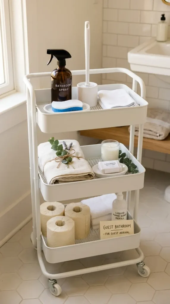 27 Cleaning Closet Organization Tiered Rolling Cart Ideas 21 21. The Linen and Bathroom Cleaning Combined Cart — Guest Room Ready