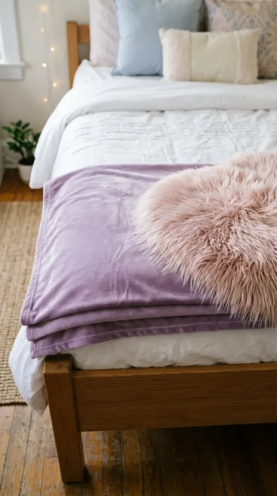 24 College Bedroom Ideas Pastel Girly Aesthetic Dreamy Style 21 21. The Pastel Velvet Throw and Faux Fur Layering at the Foot of the Bed — Textural Foot Accent