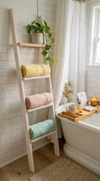 24 Small Bathroom Decor with Bathtub Caddies Vintage Pastel 21 21. The Small Bathroom Storage Ladder — Vertical Towel and Caddy Companion