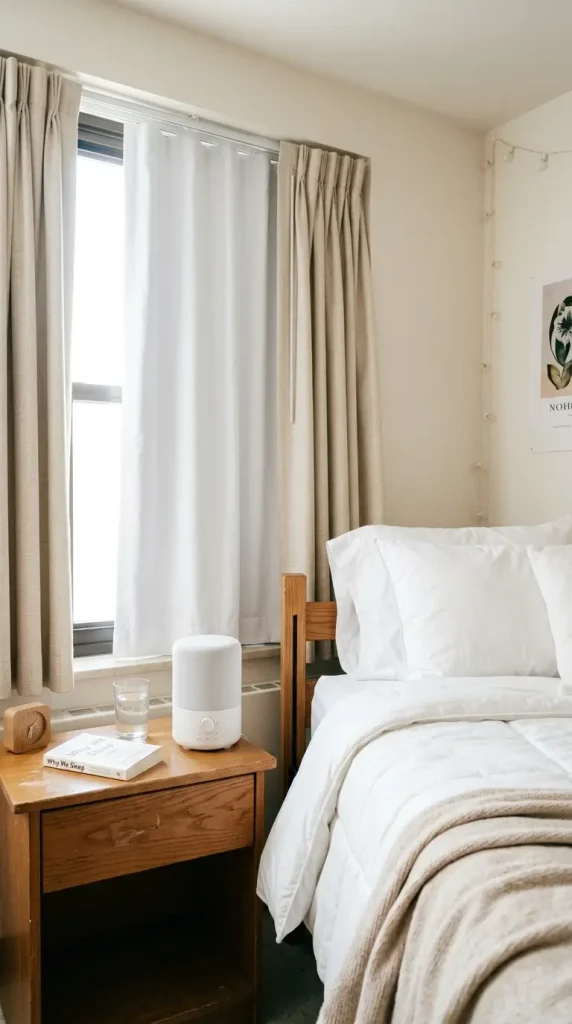 24 Dorm Bedding Ideas Clean White Minimal Luxe Hotel Style 21 21. The White Noise Machine and Blackout Curtain Sleep Environment — Sensory Hotel Completeness