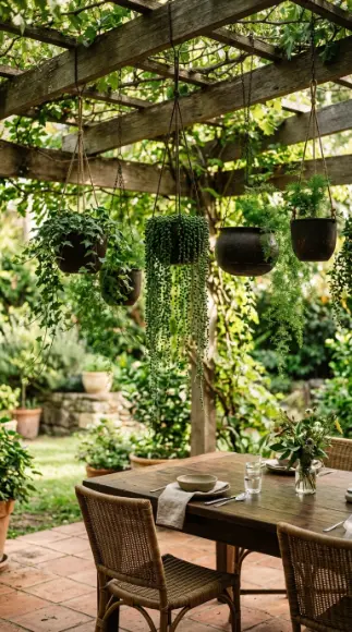 26 Outdoor Patio Ideas With a Cozy Pergola Dining Setup 21 21. Trailing Hanging Plants From the Pergola Rafters