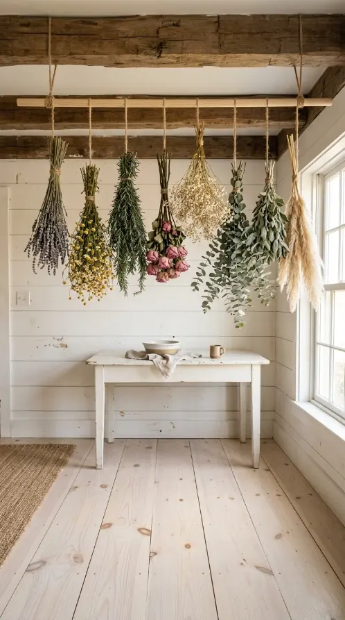 27 Light Wood Flooring for Farmhouse Whitewashed Pine Style 21 21. Whitewashed Pine with Dried Botanical Ceiling Installation