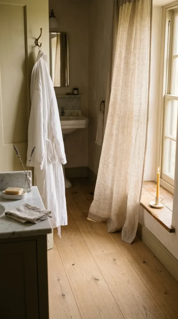 26 Light Wood Flooring for Farmhouse Wire-Brushed Oak Bath 21 21. Wire-Brushed Oak Floor With Linen Curtains and Soft Morning Ritual