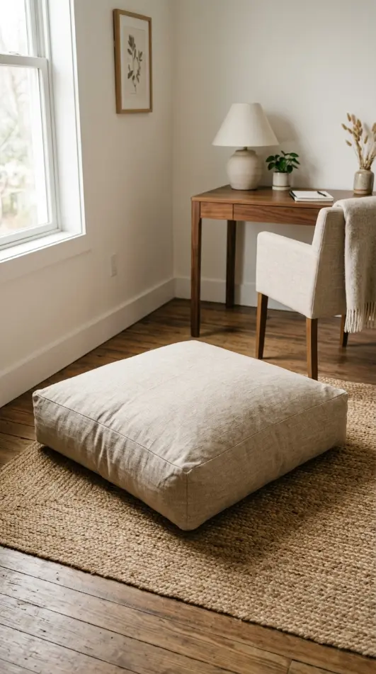 26 Cozy Home Office Warm Wood Linen Neutral Style Ideas 22 22. A Linen Floor Cushion for Floor-Level Stretch Breaks