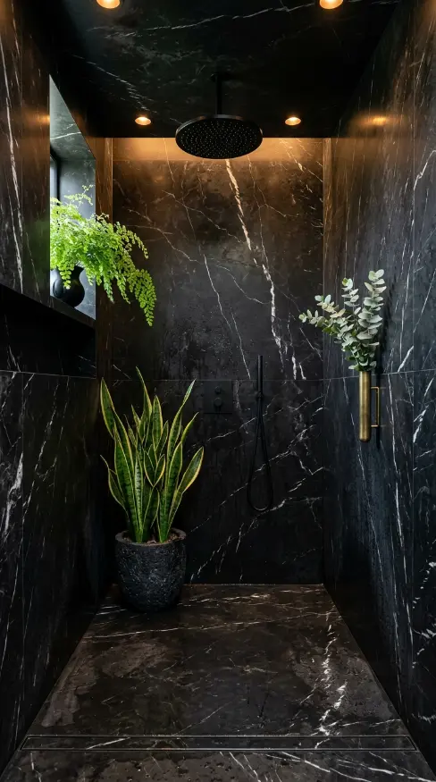 23 Bathroom Plants Decor Luxury Spa Black Marble Style 22 22. Black Marble Wet Room With Plants at Every Level
