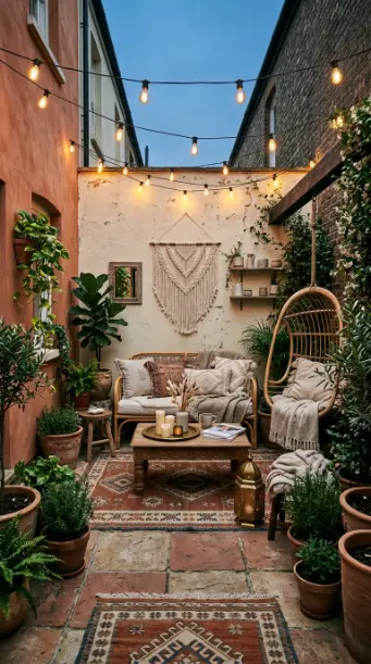 28 Outdoor Patio Ideas for a Boho Layered Living Room 22 22. Boho Outdoor Patio in a Small Courtyard Space